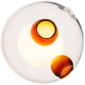 Bocci 28 ceiling light, clear glass, features a large white orb with two embedded amber spheres, emitting warm diffused light.